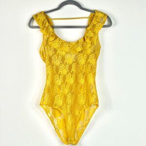 Bleuh Ciel Lace Bodysuit Yellow Sz M Floral Pattern Ruffle Neckline/Arm Openings